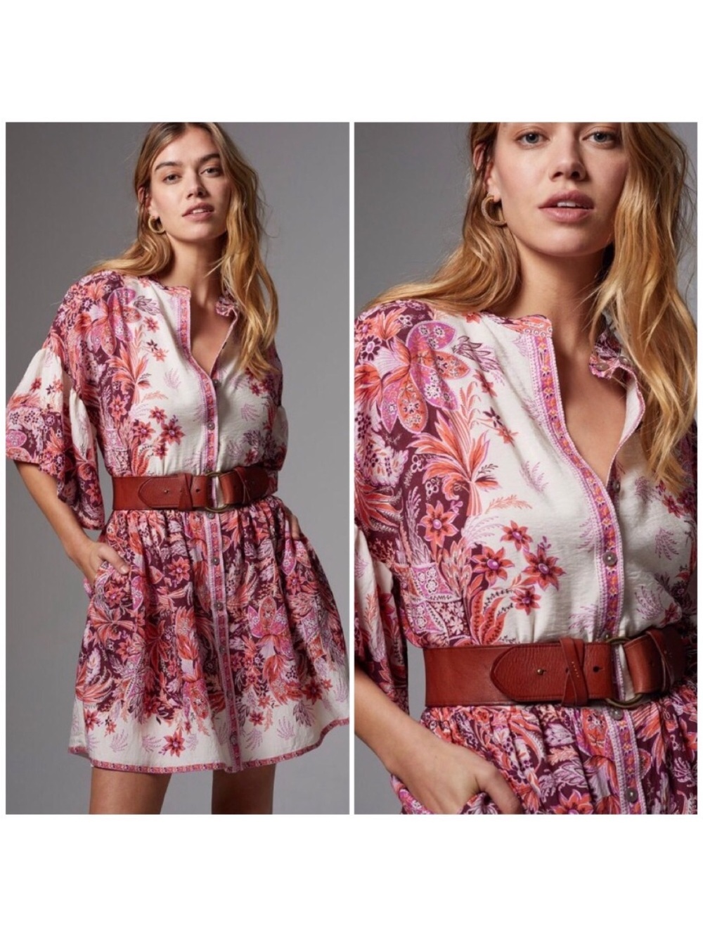 Anthropologie Janelle Floral Button Front Mini Tunic Dress Pink Combo XL - Picture 13 of 13